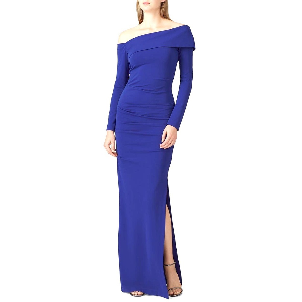 Nicole Miller Structured Off Shoulder Gown Royal Blue Maxi Ruched Slit Dress 6